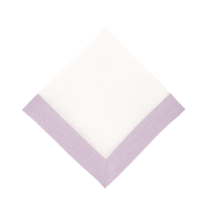 Lilac linen napkin with double-sided border, corner folded in clean square