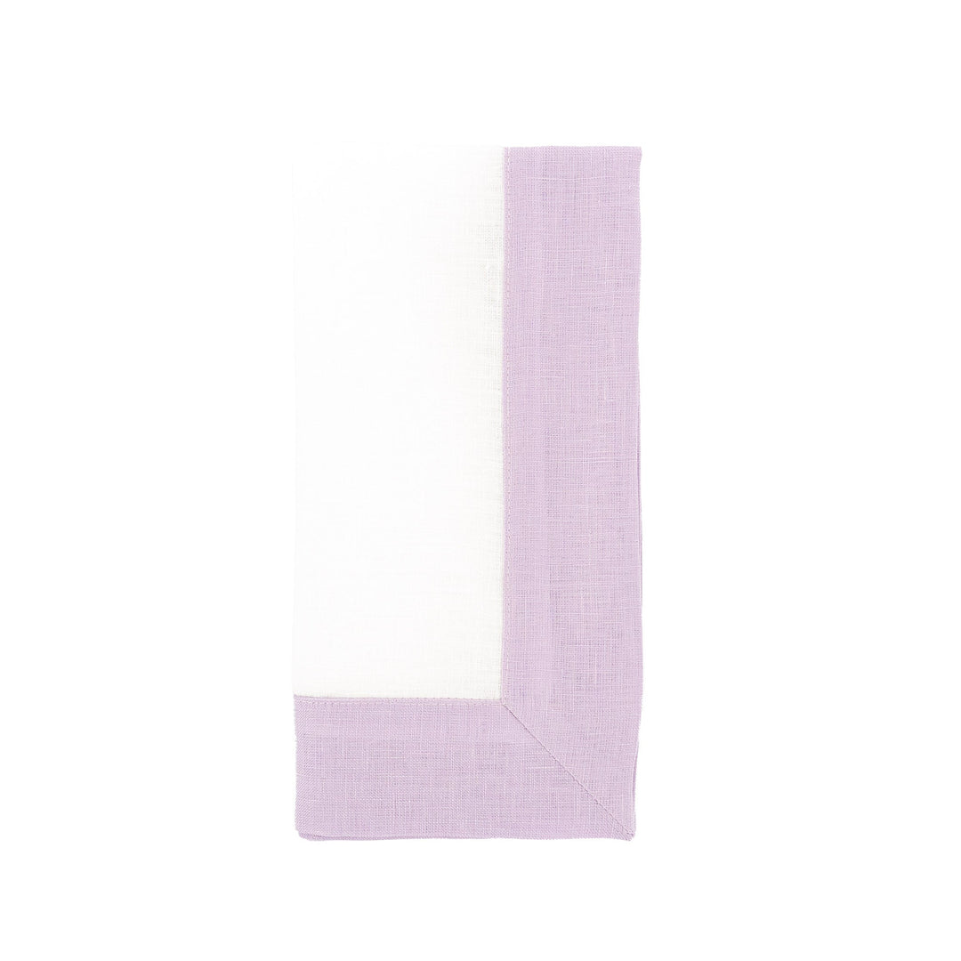 Lilac linen napkin with double-sided border, vertical fold and stitched corner