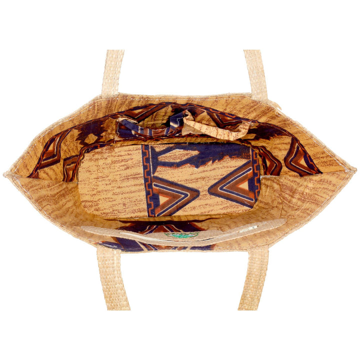 Raffia tote bag interior with patterned fabric lining and open top