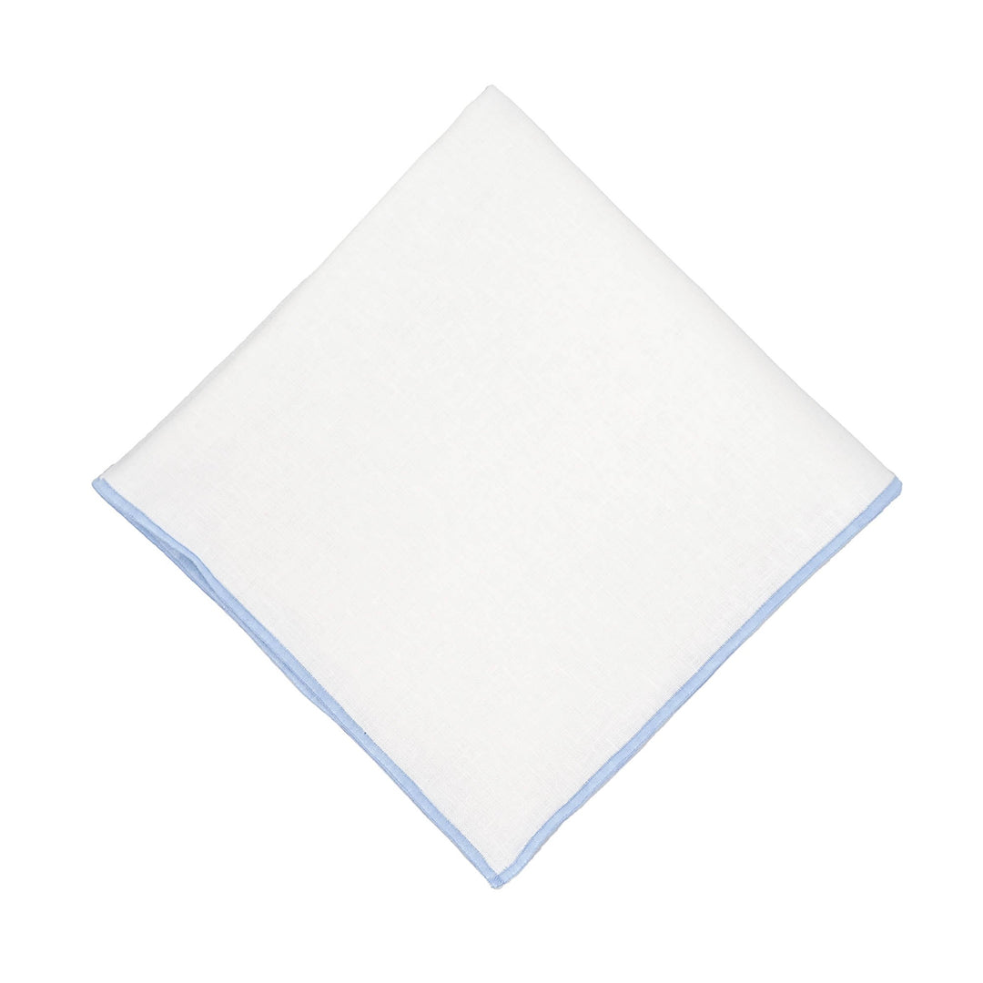 White linen napkin square with blue stitched edge, neatly folded