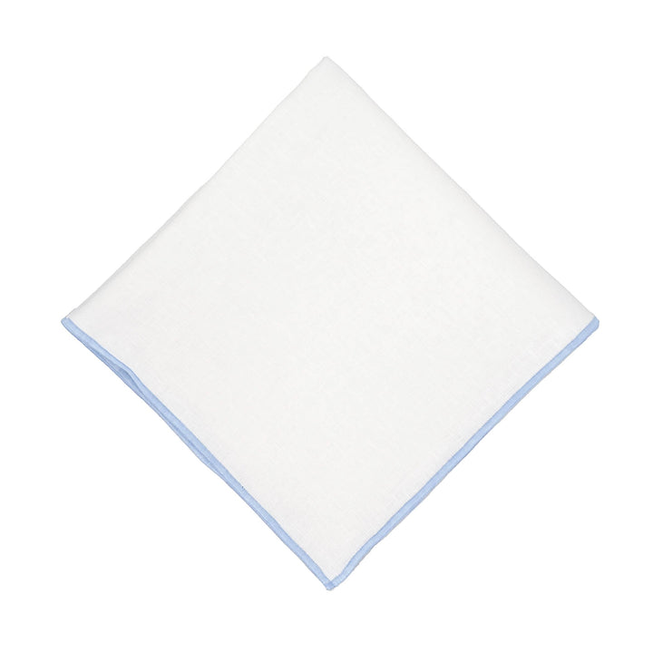 White linen napkin square with blue stitched edge, neatly folded
