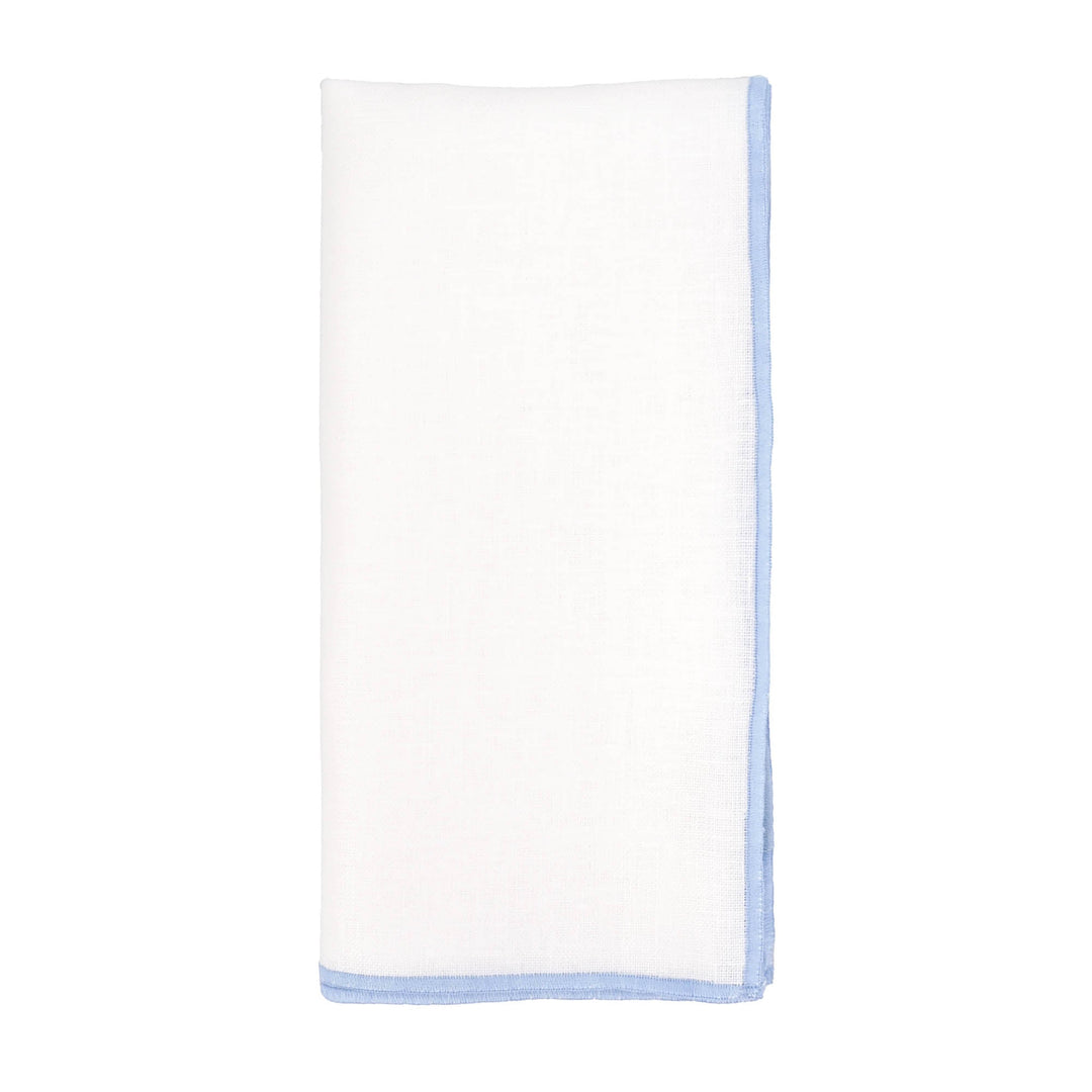 Rectangular white linen napkin with blue stitched border, upright fold