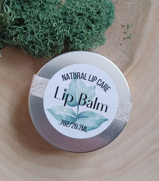 Metal lip balm tin lid label: Natural Lip Care, 0.7 oz (20.7 mL)