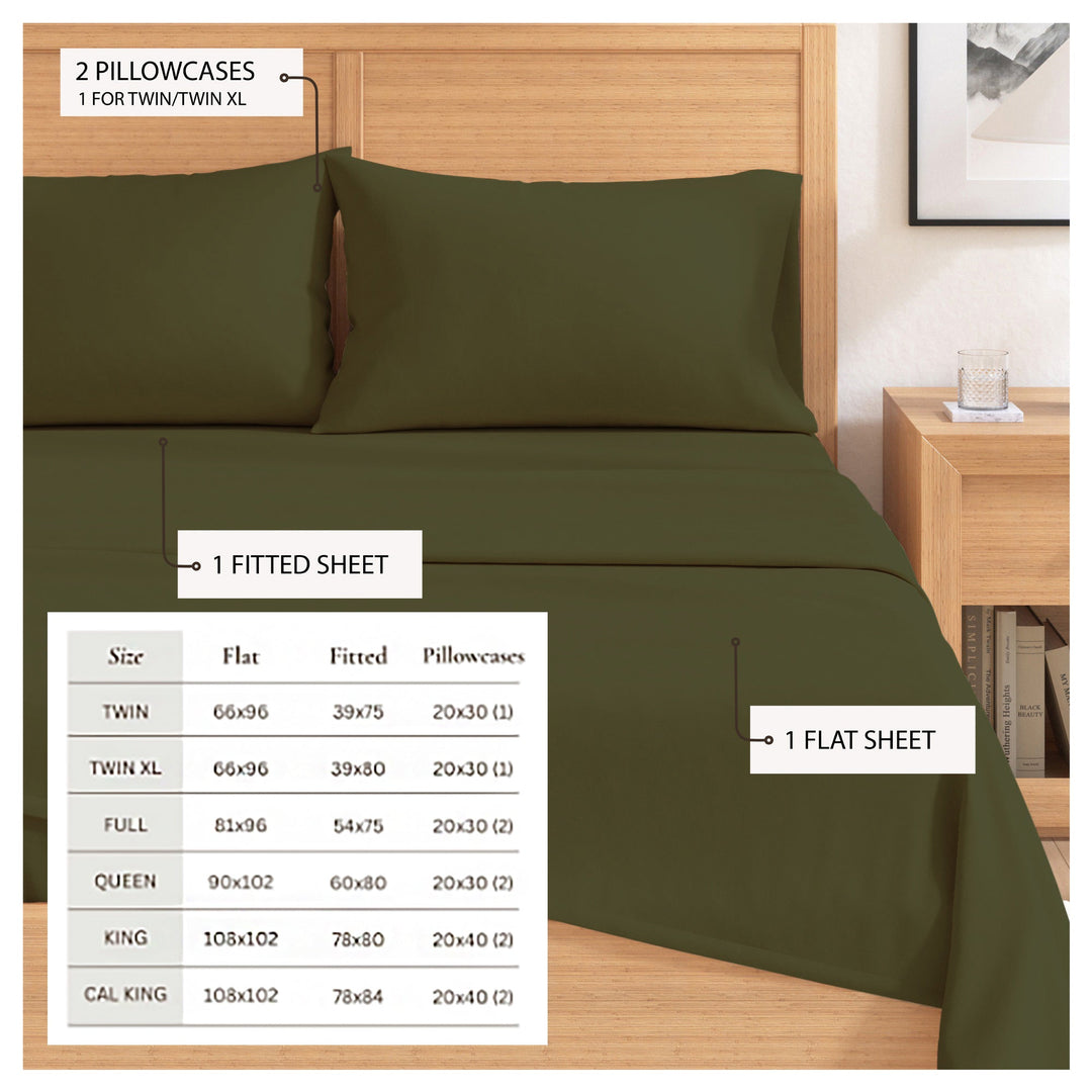 Olive cotton flannel sheet set with fitted sheet and flat sheet layout diagram