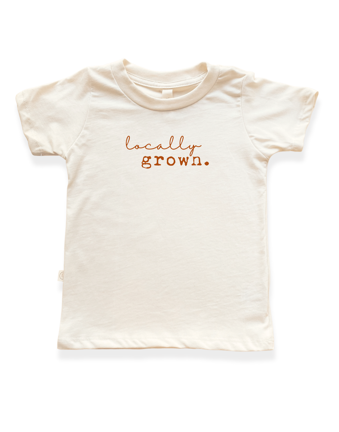 Kids organic t-shirt in cream with "locally grown." crew-neck short sleeves