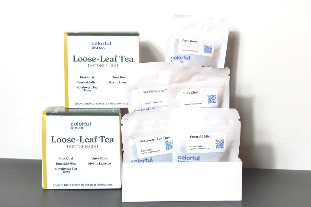 Loose-leaf tea tasting flight boxes and sample packets, multicolor labels