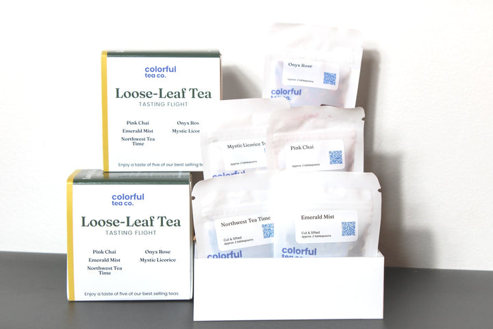 Loose-leaf tea tasting flight boxes and sample packets, multicolor labels