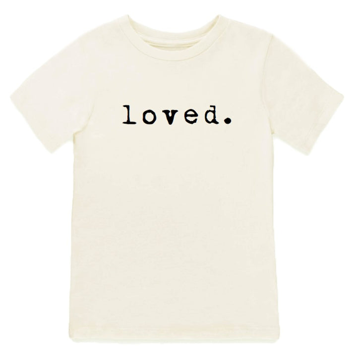 Kids organic cream T-shirt with 'loved.' printed center front