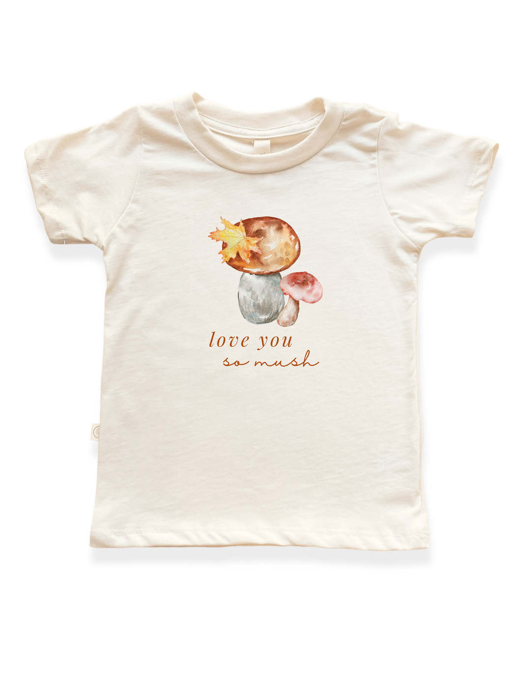 Organic kids T-shirt in off-white with mushroom graphic and "love you so mush" print