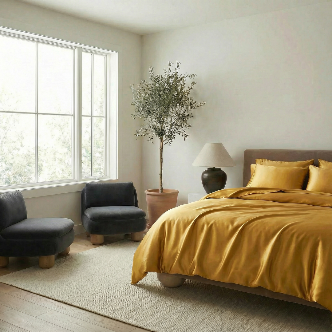Bamboo sheet set in golden yellow with matching pillowcases and duvet