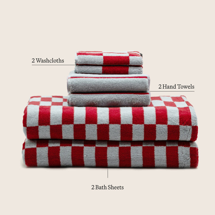 Cotton towel stack set: gray terry towels with red-and-white check accents