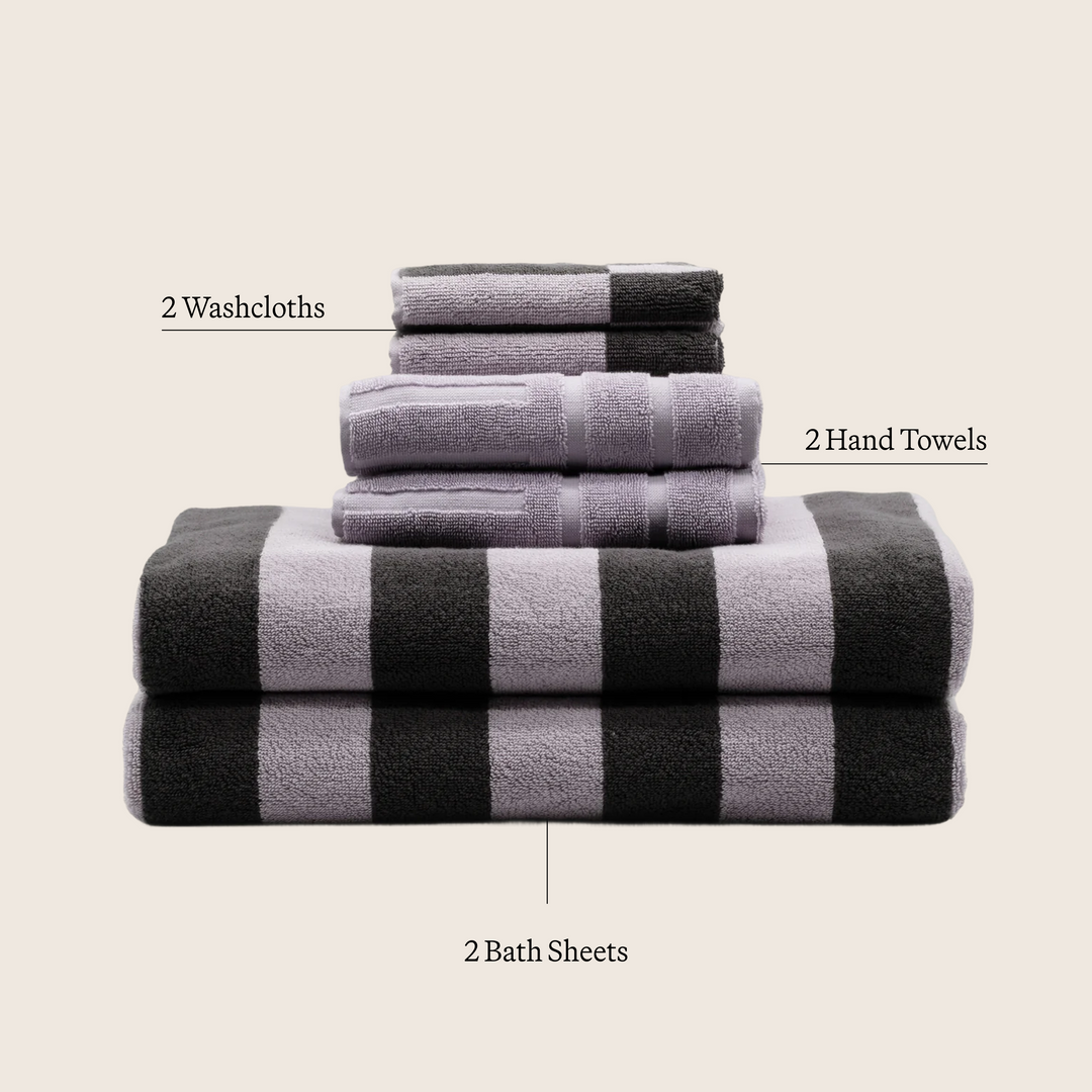 Cotton towel set in lilac and dark gray: washcloths, hand towels, and bath sheets