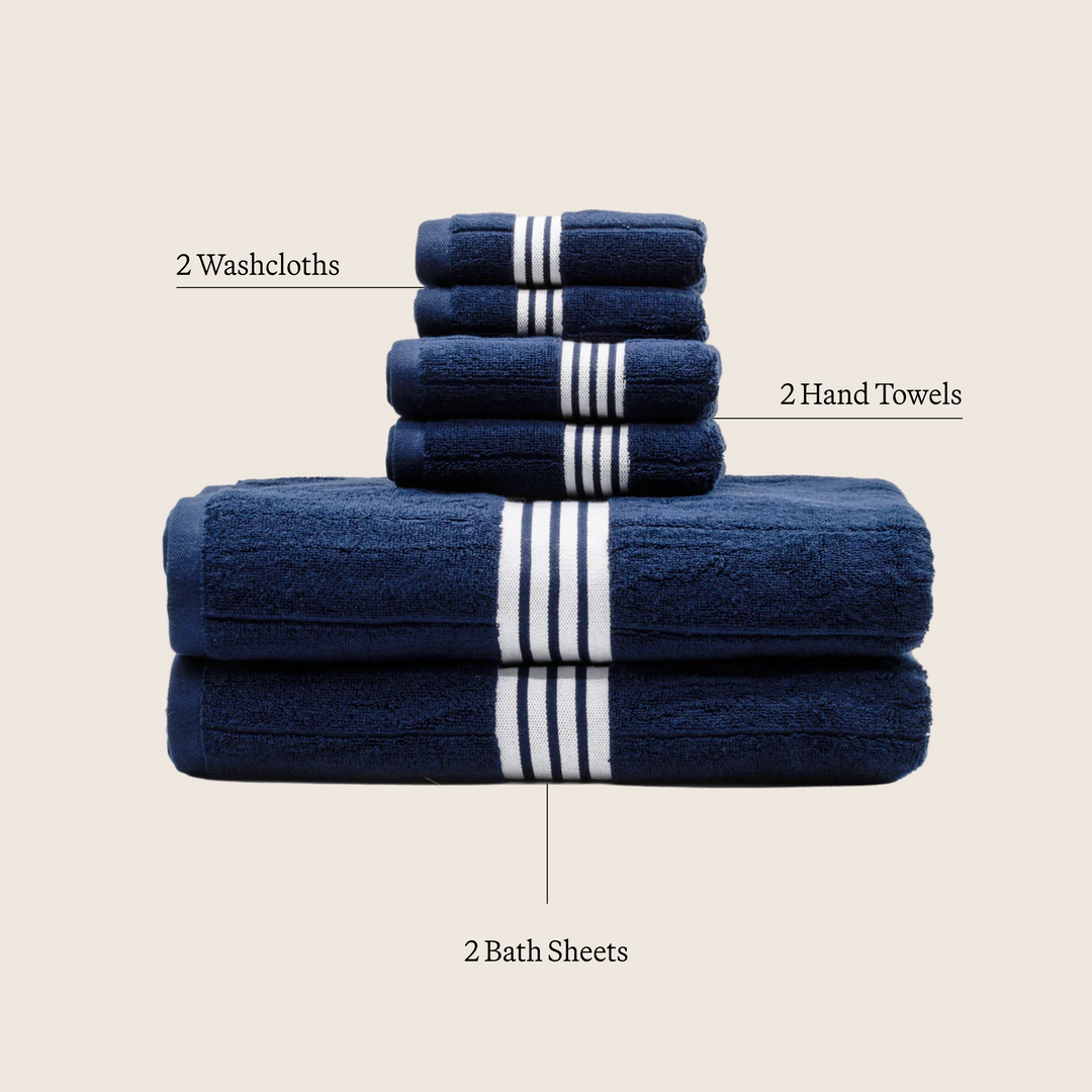 Navy cotton towel assortment: washcloths, hand towels, and bath sheets with white stripes