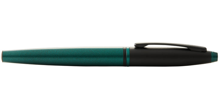 Long green lacquer rollerball pen with black cap and clip