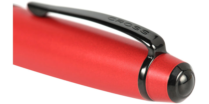 Red lacquer rollerball pen tip with black front housing and chrome ball