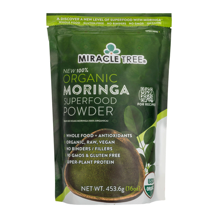 Organic moringa powder pouch, green and white MiracleTree packaging with OPEN HERE top