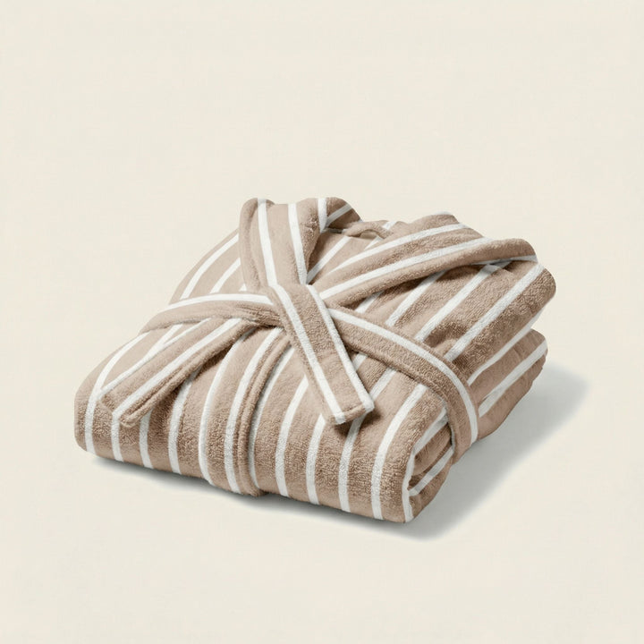 Folded striped unisex hooded bathrobe in neutral tones