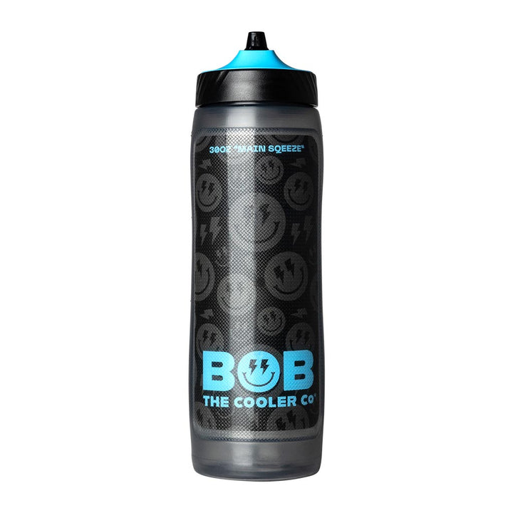 Insulated hydration water bottle, dark gray with teal cap and all-over pattern