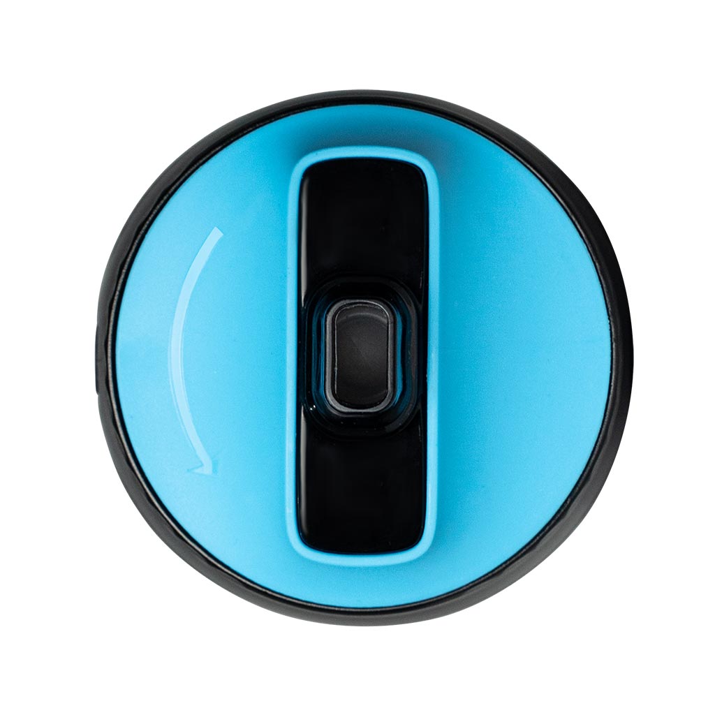 Blue bottle lid with black rim and flip-top drinking spout opening