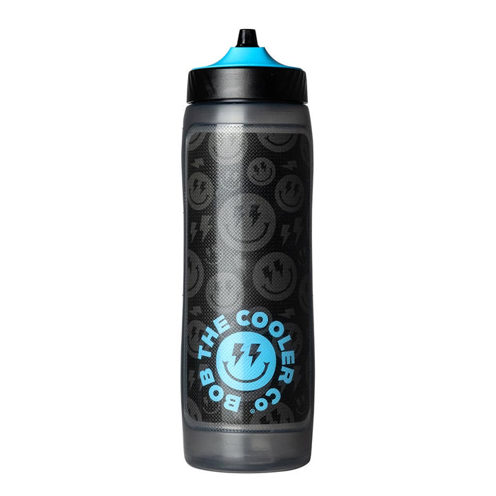 Insulated hydration water bottle, dark gray with teal lid and “BOB” logo