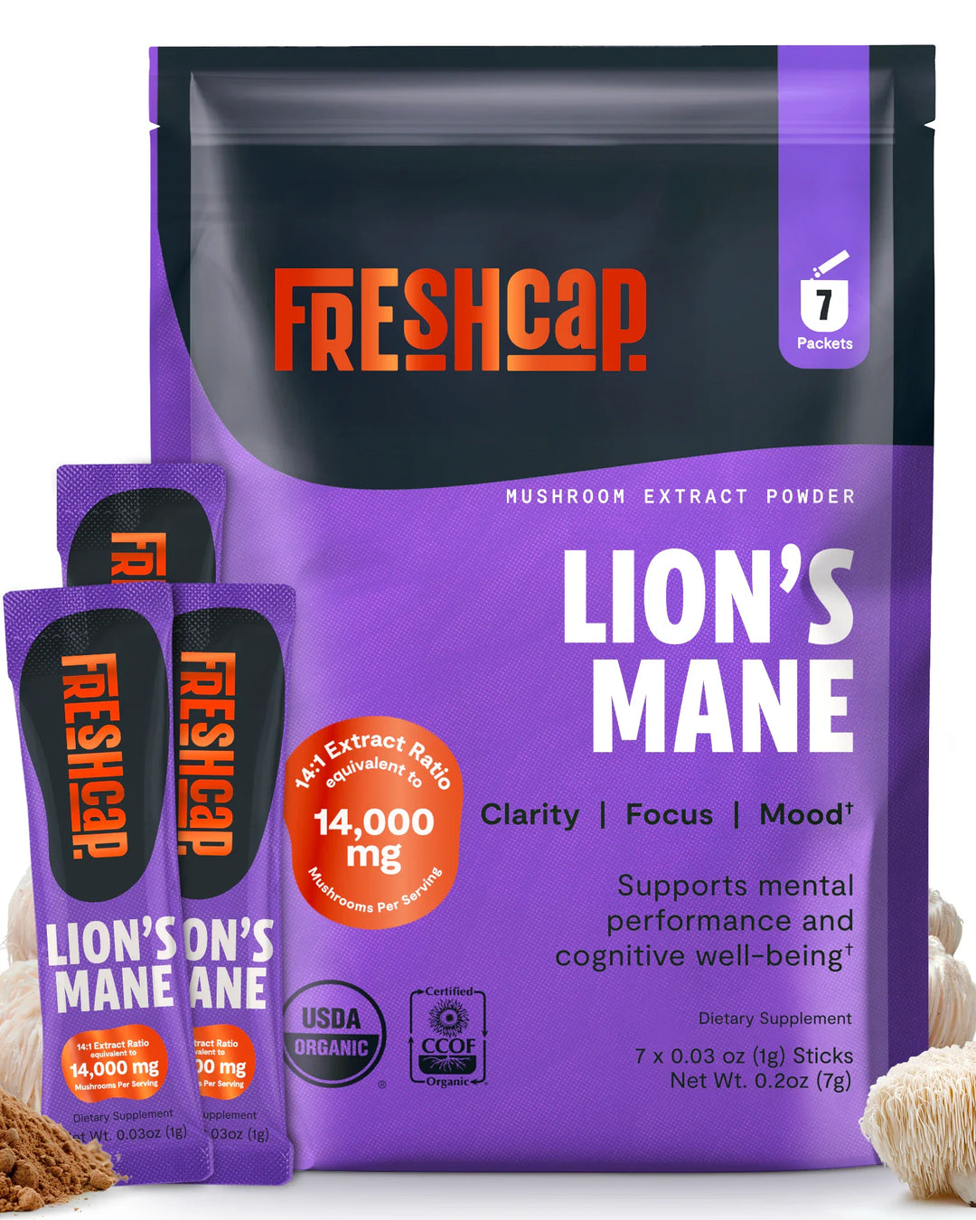 FreshCap Lion’s Mane mushroom extract powder bags with smaller stick packs
