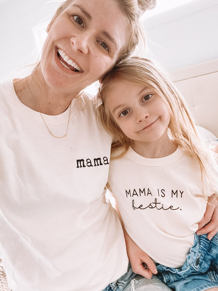 Kids organic T-shirt, cream, crew neck, 'MAMA IS MY bestie.' graphic on front