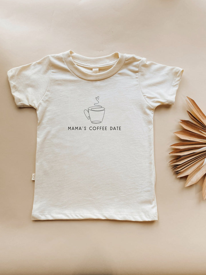 Kids organic crewneck T-shirt in cream with short sleeves, 'MAMA'S COFFEE DATE' coffee print