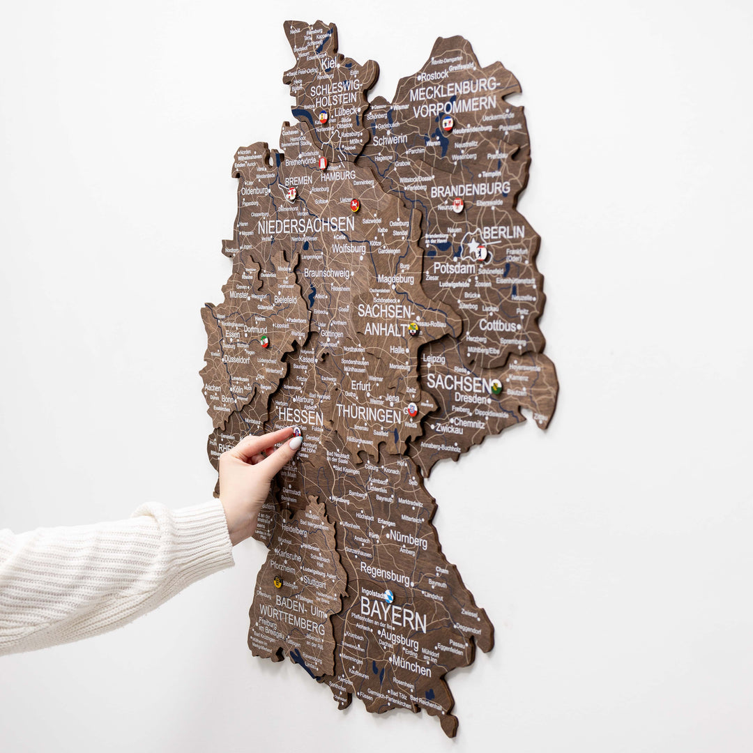 3D Germany wooden map in dark walnut with raised state and city names