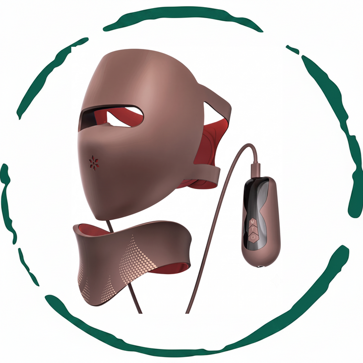 Brown full-face and neck LED light therapy mask with controller unit
