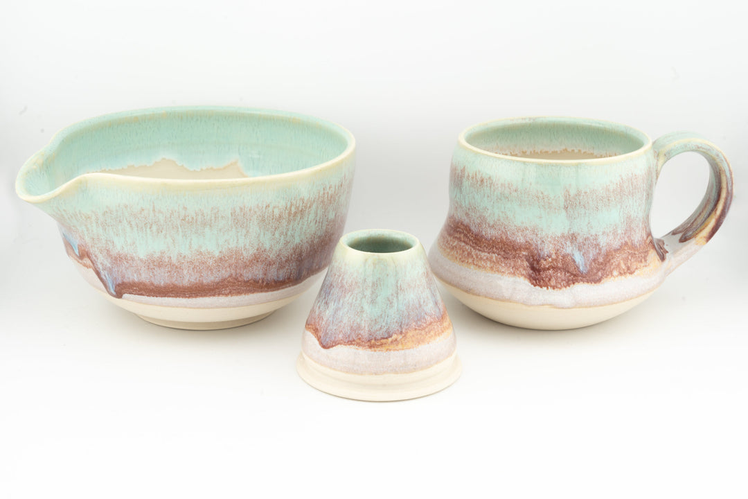 Green ceramic matcha bowl (chawan) gift set with two handle cups and small spouted creamer