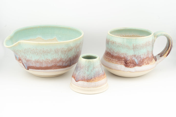 Green ceramic matcha bowl (chawan) gift set with two handle cups and small spouted creamer