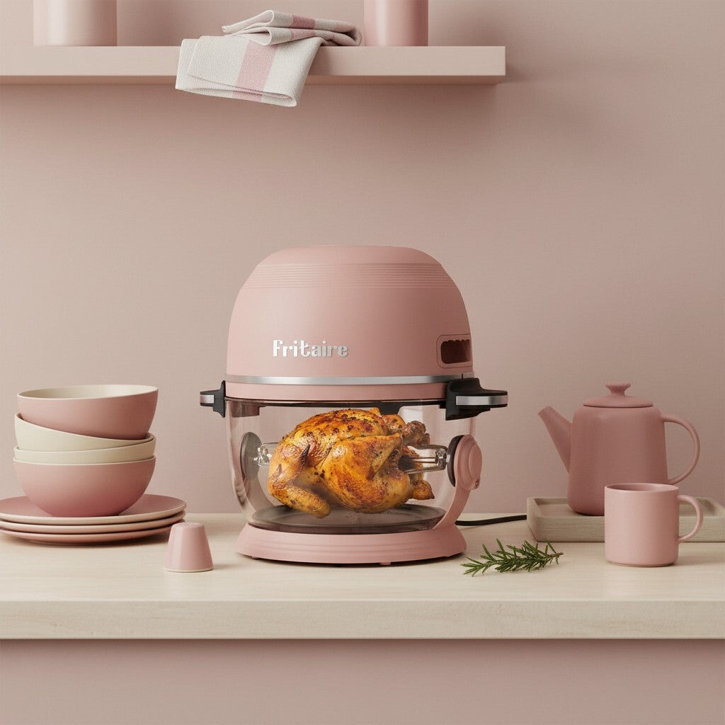 Mauve rose air fryer with clear glass bowl and visible rotisserie chicken
