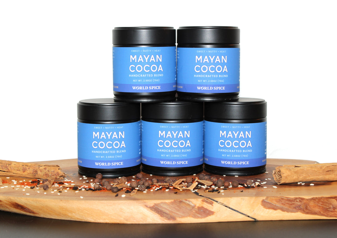 Cocoa spice blend jar set, blue labels on black lids