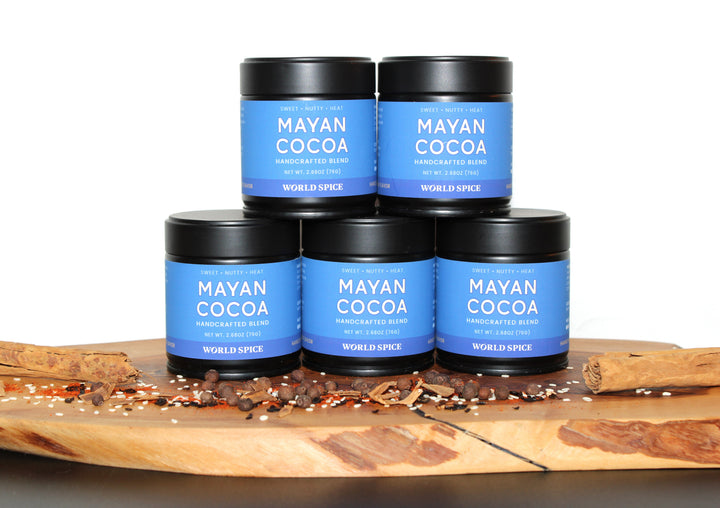Cocoa spice blend jar set, blue labels on black lids