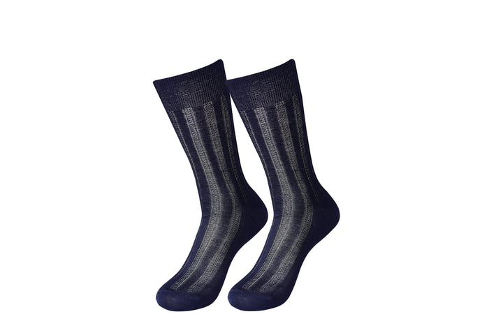 Men's dress socks, dark navy with subtle vertical stripe pattern, crew height