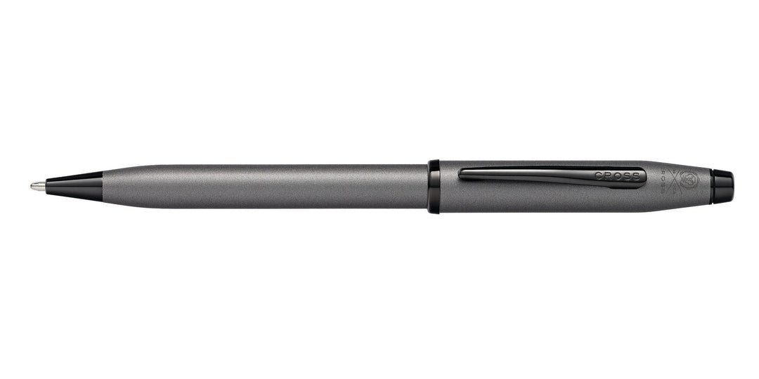 Gunmetal gray ballpoint pen with retractable tip and black barrel accents