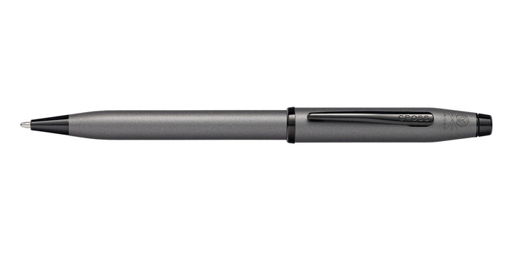 Gunmetal gray ballpoint pen with retractable tip and black barrel accents