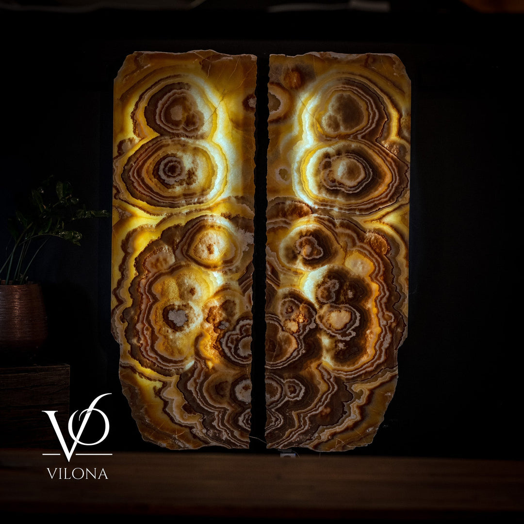 Onyx wall panel set with vertical paired slabs showing swirling rings in gold and umber.