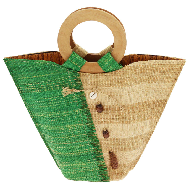 Triangular raffia tote bag with green and tan panels, wooden ring handles