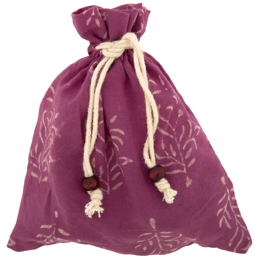 Purple fabric drawstring pouch with white leaf block print pattern for mini stamps