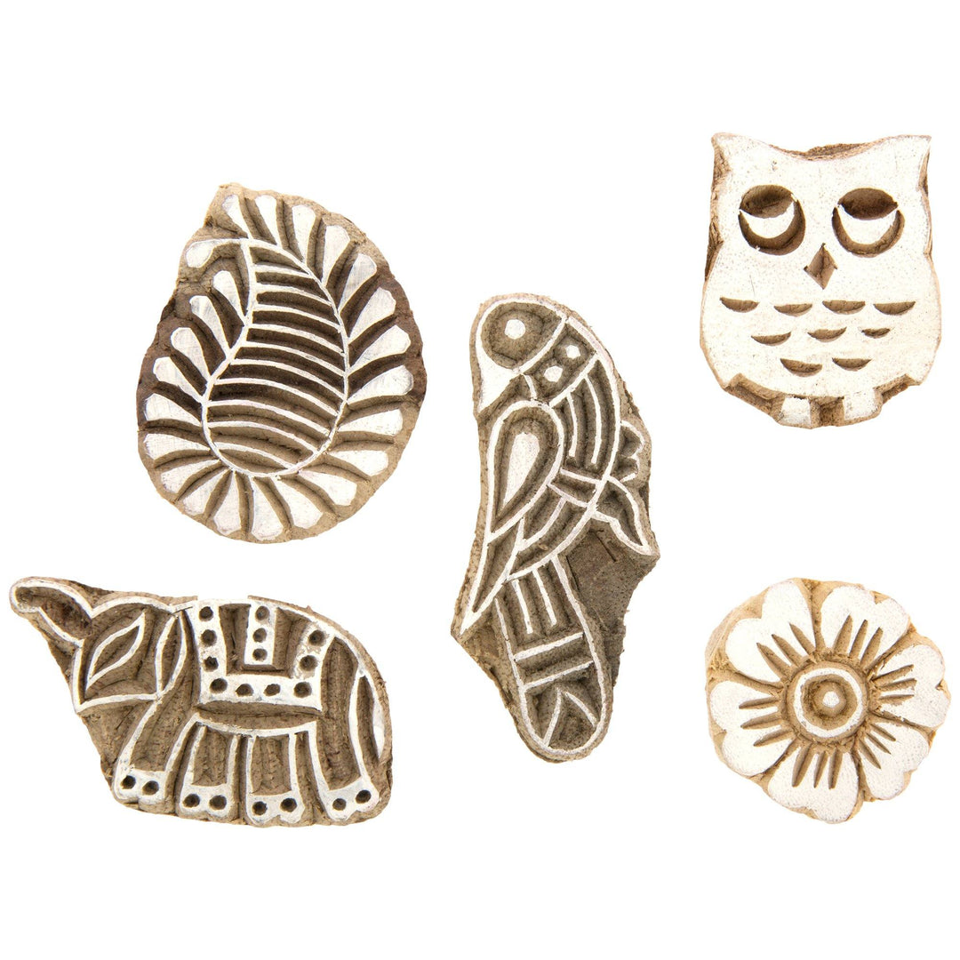 Set of wooden mini block stamps with owl and floral motifs in assorted shapes