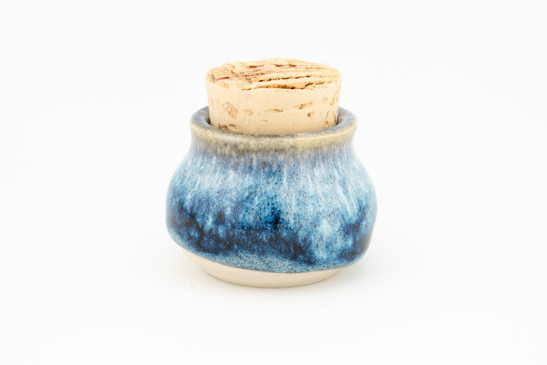 Mini corked jar with blue glazed body and cork stopper