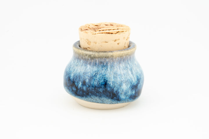 Mini corked jar with blue glazed body and cork stopper