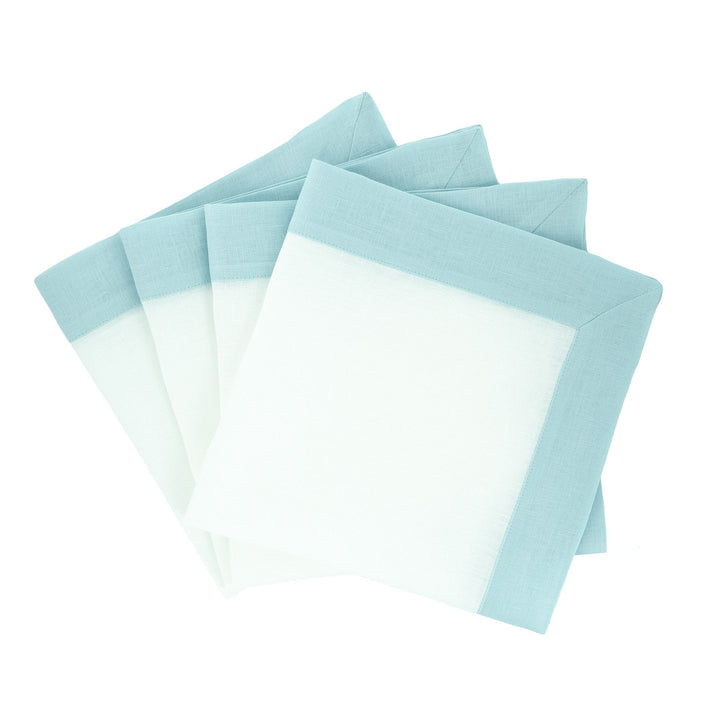 Mint linen napkin set of 4 with light green double-sided borders, folded squares