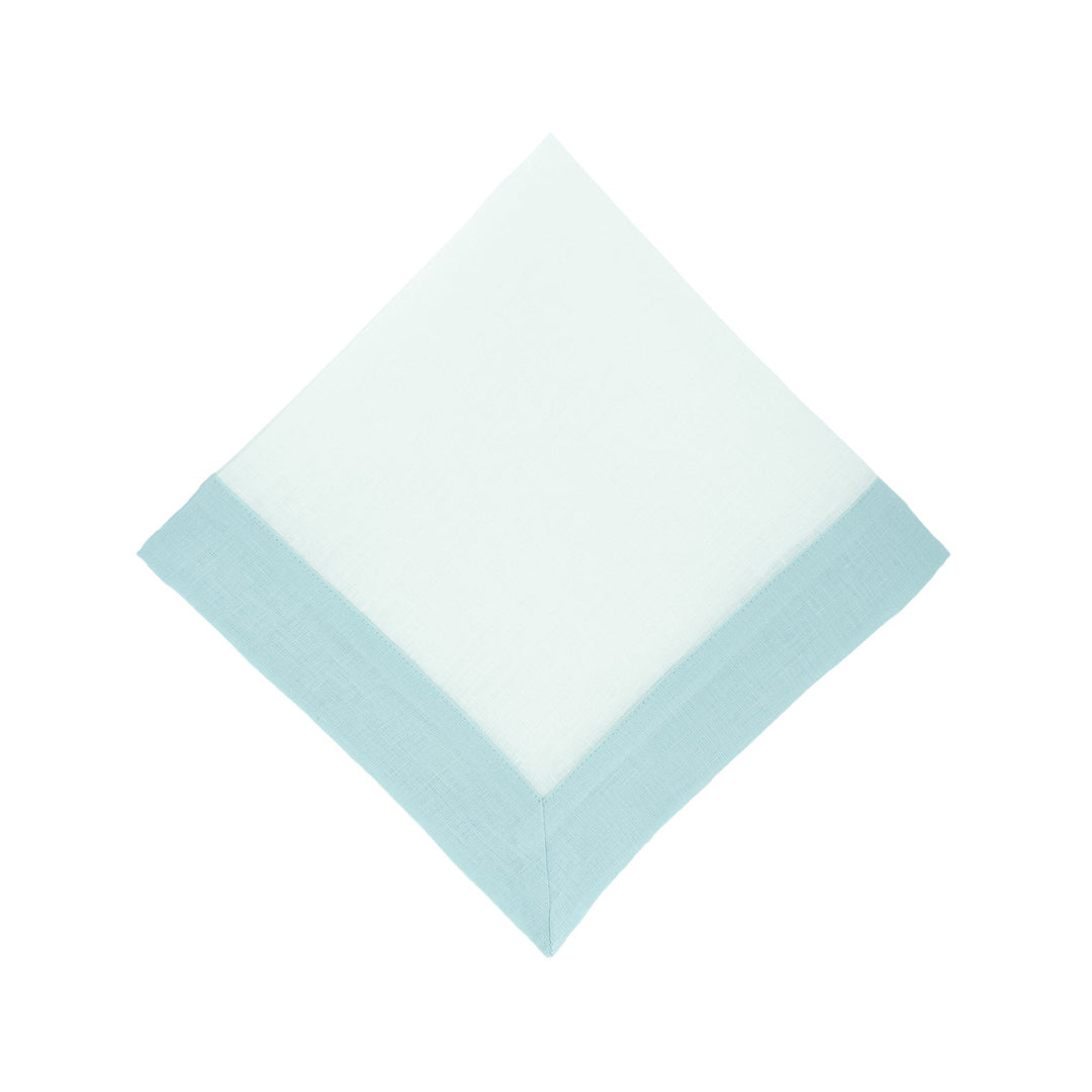 Mint linen napkin with light green border panel, square folded
