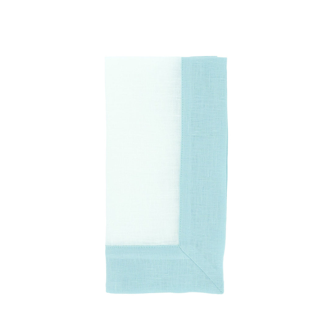 Mint linen napkin edge detail: white center with light green border