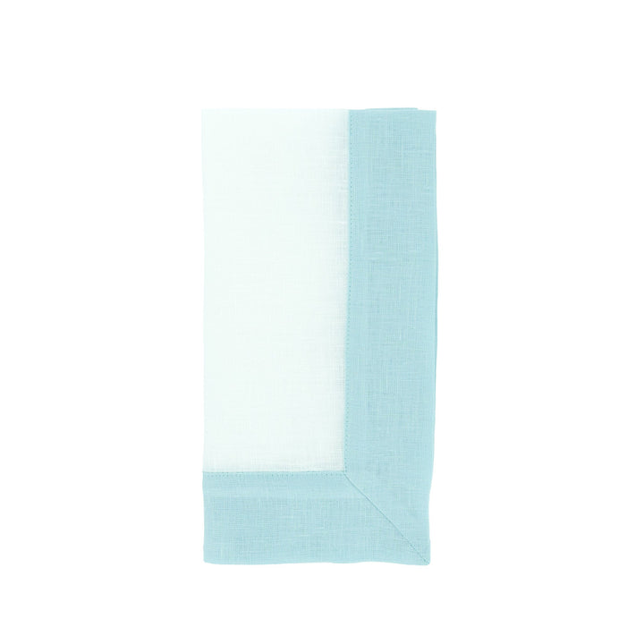 Mint linen napkin edge detail: white center with light green border
