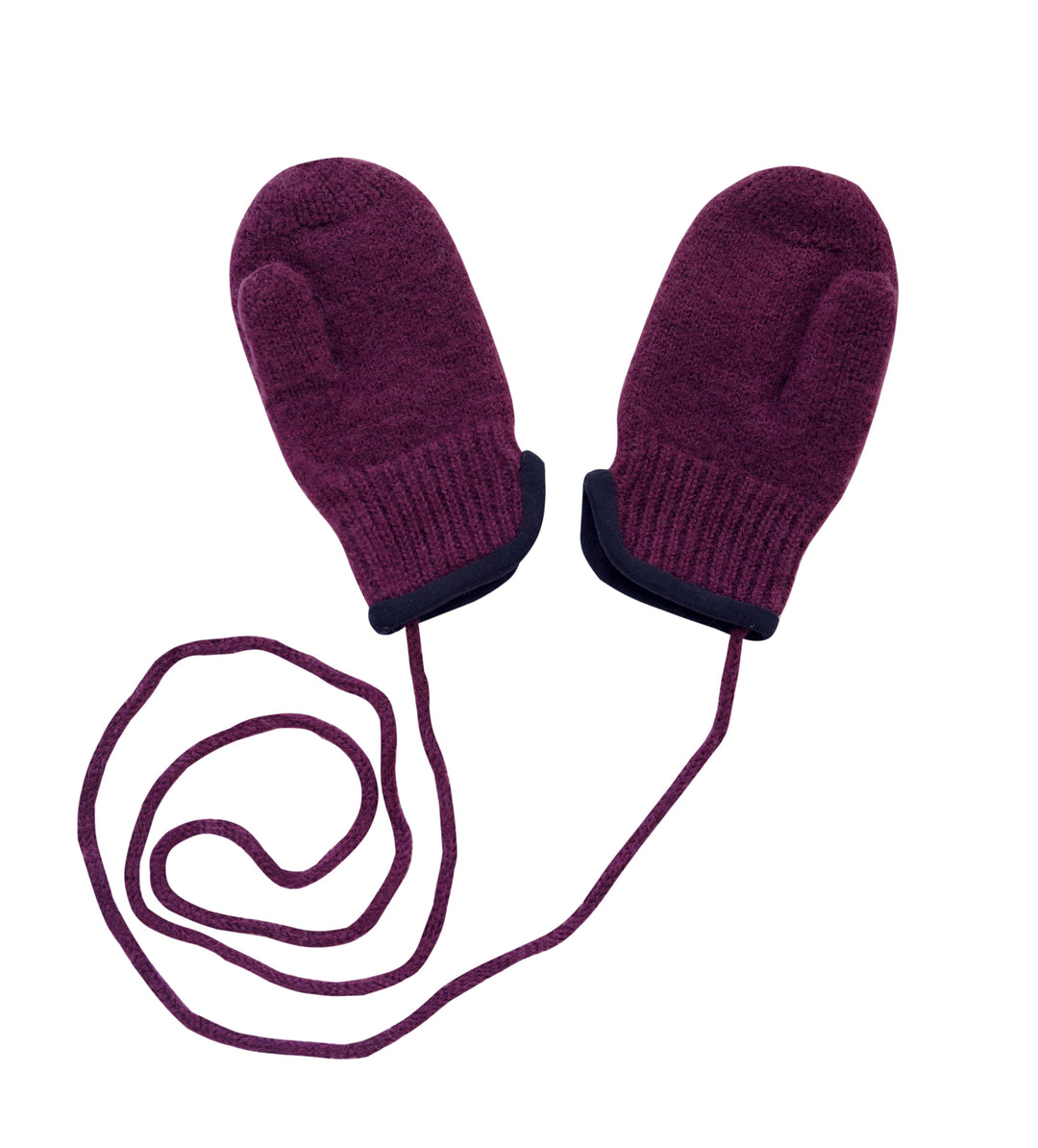 Kids thumb mittens in berry knit wool with ribbed dark cuffs and drawstring