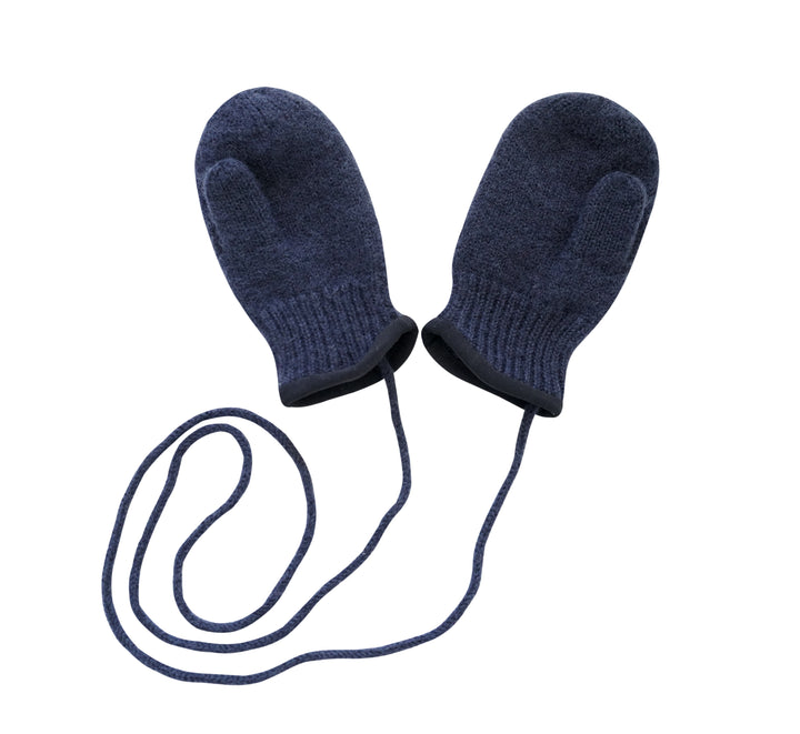Thumbed wool mittens in navy blue with long drawstring cords