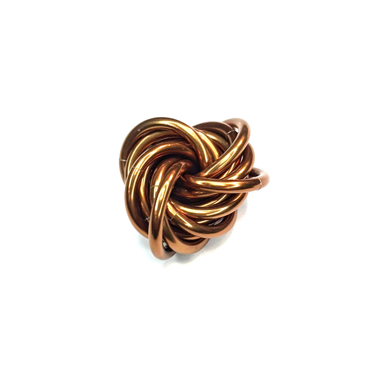 Bronze stress fidget ball with a twisted knot of shiny interwoven loops.